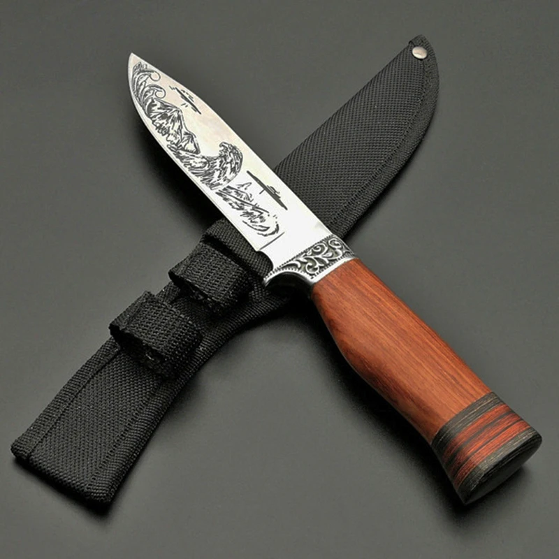 

DuoClang Hawk Pattern Mirror Polished 440c Steel Camping Survival Knife Self-Defense Hunting Fixed Blade Knives Tool