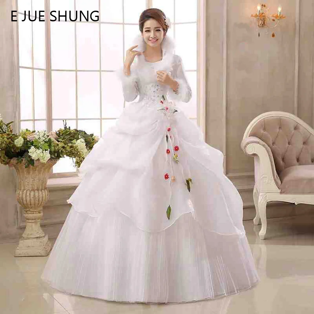 Женское свадебное платье из органзы E JUE SHUNG белое теплое с длинным рукавом