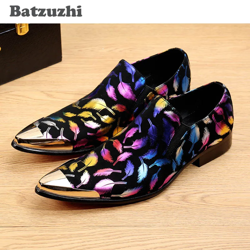 Batzuzhi Italian Style Men Shoes Black Suede with Colorful Print