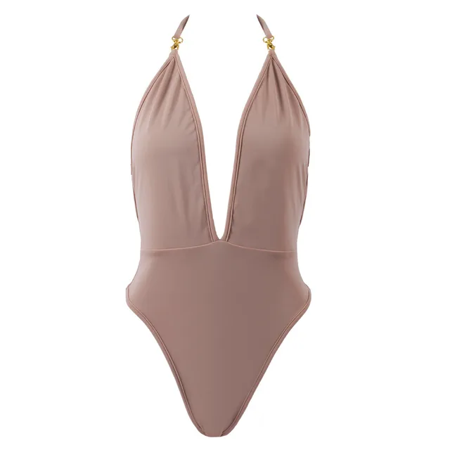 Sexy Solid Color Deep V Halter One Piece Swimsuit Swimwear Monokini