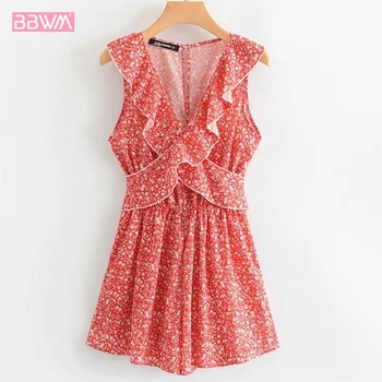 

2019 summer new V-neck floral ruffled lace-up sleeveless jumpsuit women Beach holiday floral beach pants female print jumpsuit