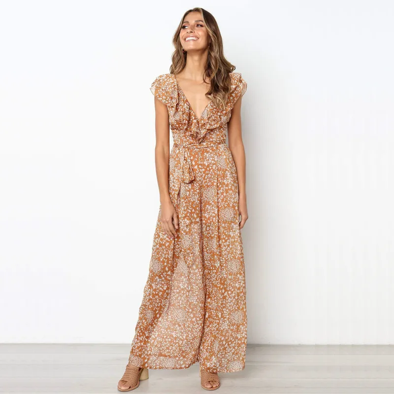 

2019 Floral Print Wide Leg Chiffon Women Summer Romper Sexy Low Back Boho Jumpsuit with Frill V Neck Overalls