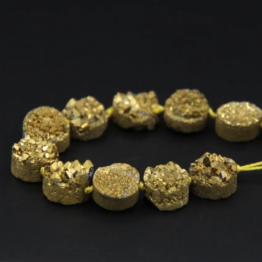 16PCS/strand Titanium Gold Raw Quartz Geode Drusy Flat Round Cabochon Beads,Roug Agates Crystal Druzy Coin Slab Nugget Pendant