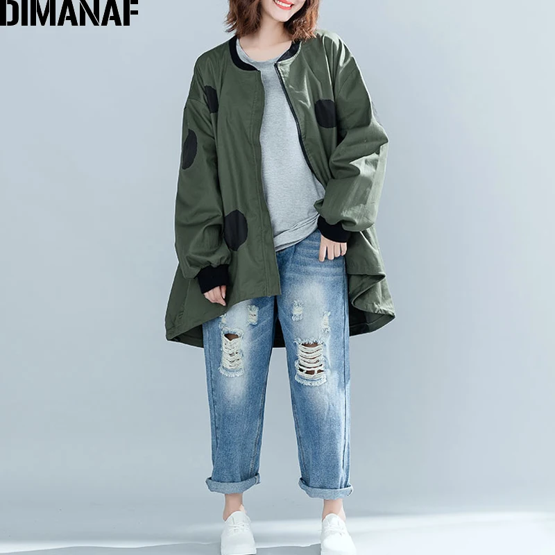 DIMANAF Women Jacket Coat Big Sizes Cardigan Zipper Female Clothes Loose Oversized Autumn Winter Outerwear Print Polka Dot 2018