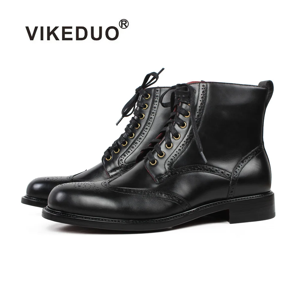 

VIKEDUO 2019 Autumn New Ankle Boots Men Black Lace-up Full Brogue Motorcycle Boot Genuine Calf Leather Patina Blake Botas Hombre