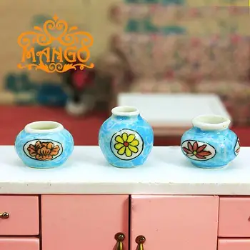 

Mini Dollhouse Mini Furniture Model Props Art 3 blue ceramic vases pocket