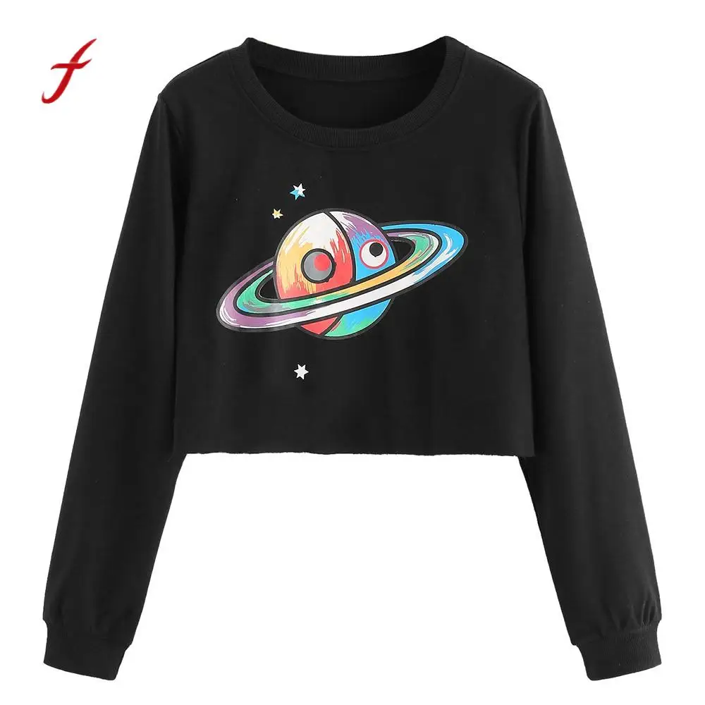 Women Galaxy Print O Neck Sweatshirt Jumper Crop Pullover