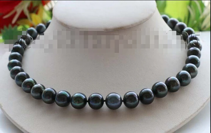 

18" Genuine Natural 12mm Black Round Pearl Necklace 18kgp#f1684