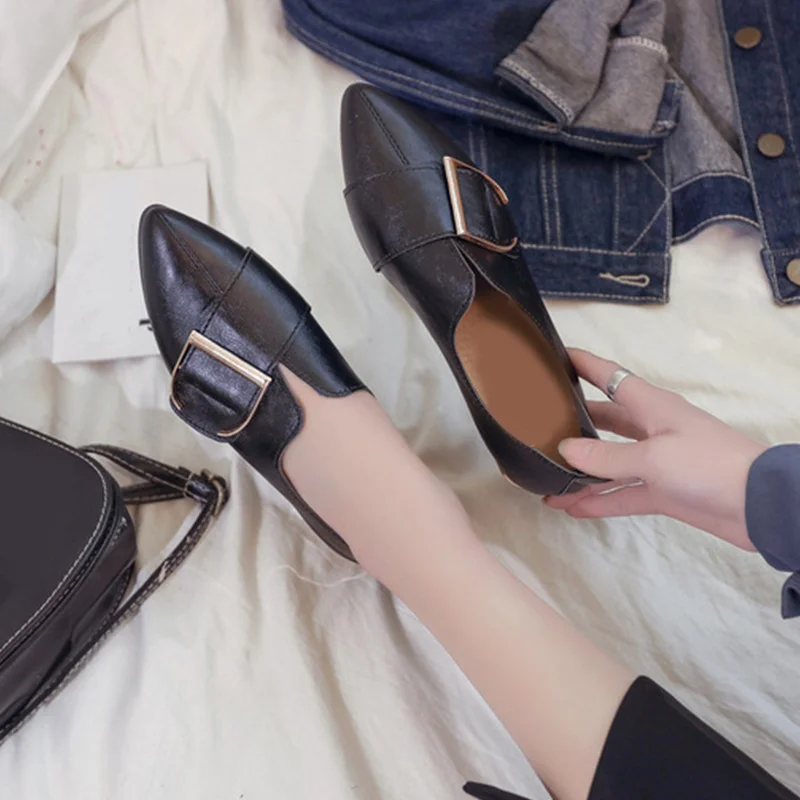 

Autumn Women Leather Pumps Pointed Toe Low Heels Shallow Fashion Slip On Ladies Girls Casual Soft Comfort Female Shoes 2019 New
