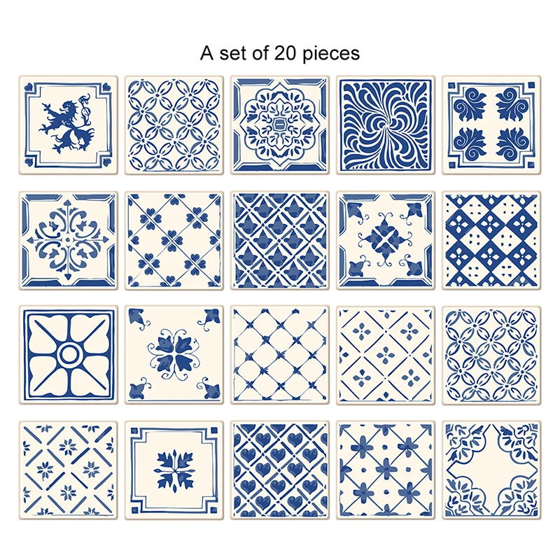 20pcs/set Retro Tile Stickers Living Room Kitchen Waterproof Wall Stickers Bathroom Self Adhesive Removable DIY Wall Decals