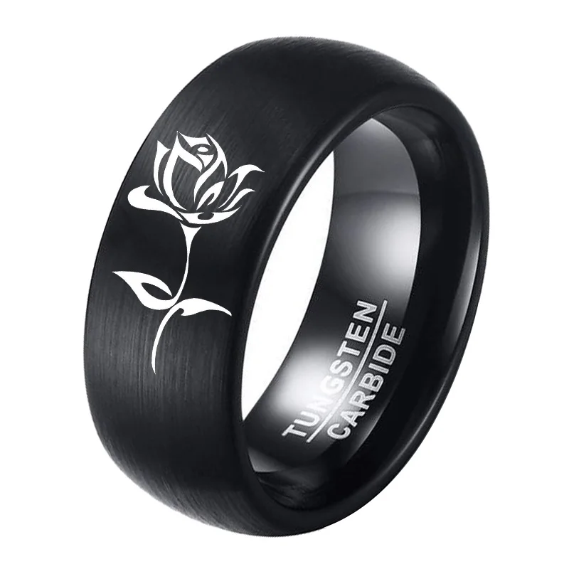 

Dropshipping Free Custom Personalize Name 8MM Black Tungsten Propose Rings Engraved Never Fade Rose Flower Eternal Ring