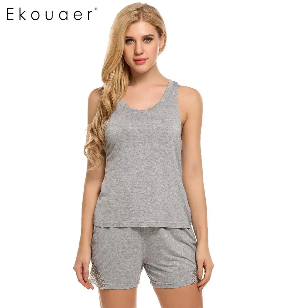 Ekouaer Women Sleepwear Pajamas Sets Lace Raceback Tank Top Shorts Slim
