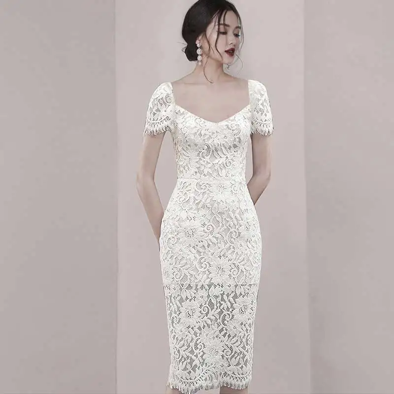 

Women Vintage Lace Social Dress White Square Collar Floral Embroidered Hollow Elegant Dinner Party Long Dress Tight Slim Office