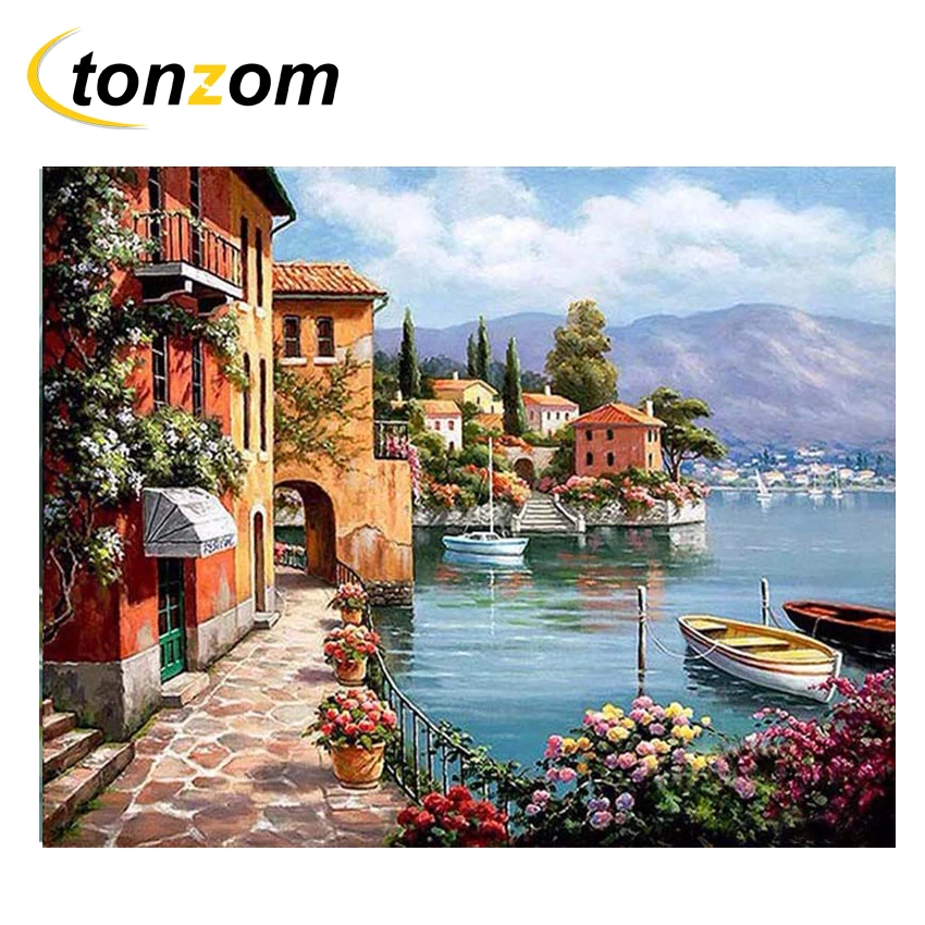 RIHE Peaceful Village Drawing By Numbers DIY Bridge House Painting