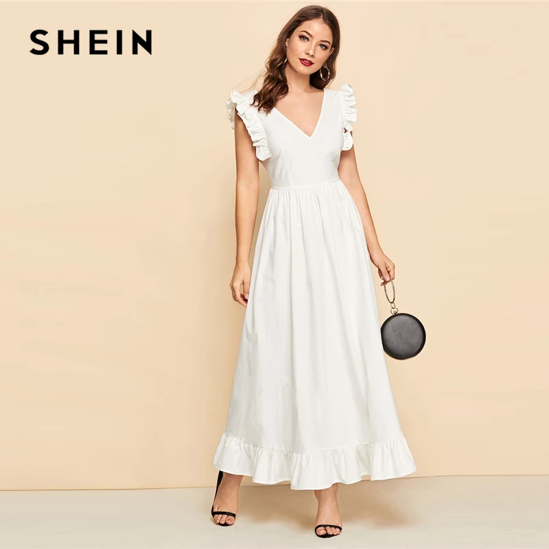 SHEIN Летнее Платье С V-Образным Вырезом И Оборками, Легкое Хлопковое Платье, Длинное Летнее Платье С Рукавами-Рюшами