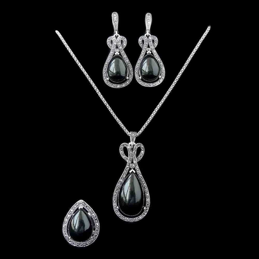 2016 Newest Fashion Design Antique Silver Plated Vintage Black Water Drop Jewellery Set