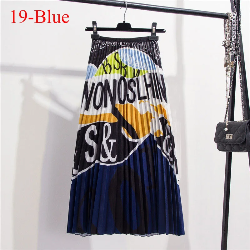 Модная контрастная плиссированная юбка с высокой талией, Осень-зима, женские юбки с эластичной резинкой на талии, трапециевидная юбка средней длины, длинные юбки до середины икры - Цвет: 19-Blue