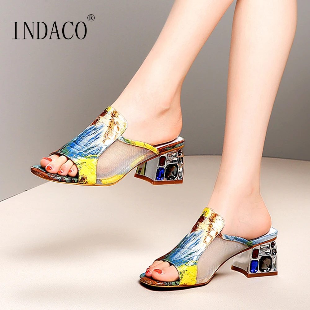 

Slippers Women Slides Summer Shoes Women Thick Heel Shoes New Color Plant Pattern Gemstone Heel Shoes Ladies Slides