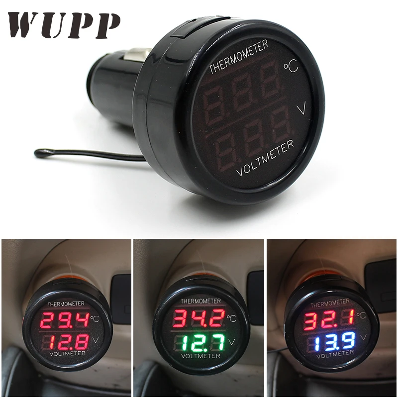 WUPP 2In1 Digital Voltmeter Thermometer 12V Temperature Meter Battery Monitor Red Blue Led Dual