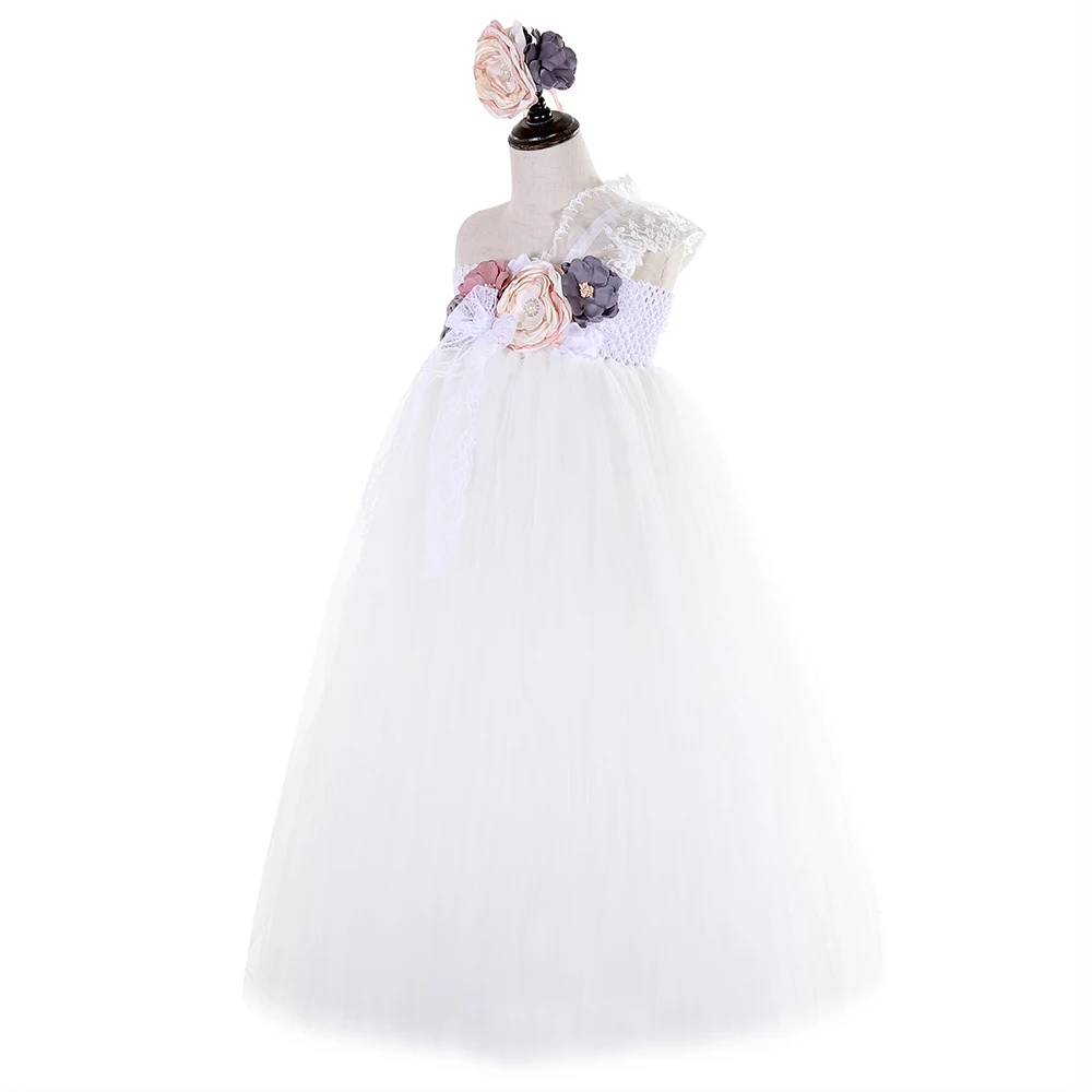 Elegant Flower Girl One Shoulder Dress for Girls Voile Tutu Dress Kids Bridesmaid Ankle Length Party Dress Set Baby Girl Clothes (7)