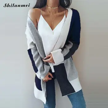 

Color Block Autumn Knitted Cardigan Women Sweater Fashion Ladies Long Cardigan Streetwear Girl Causal Open Stitch Sweater Jumper