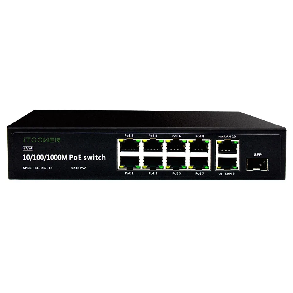 

iTooner free shipping PoE Switch 8+2 ports 10/100/1000Mbps over Etherner IEEE802.3af/at for IP camera