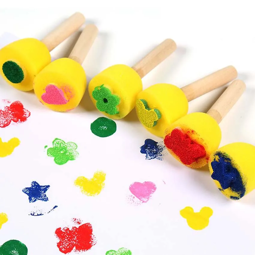 6Pcs Yellow Sponge Brush Seal Sponge Paint Brush Original Wooden Handle Children