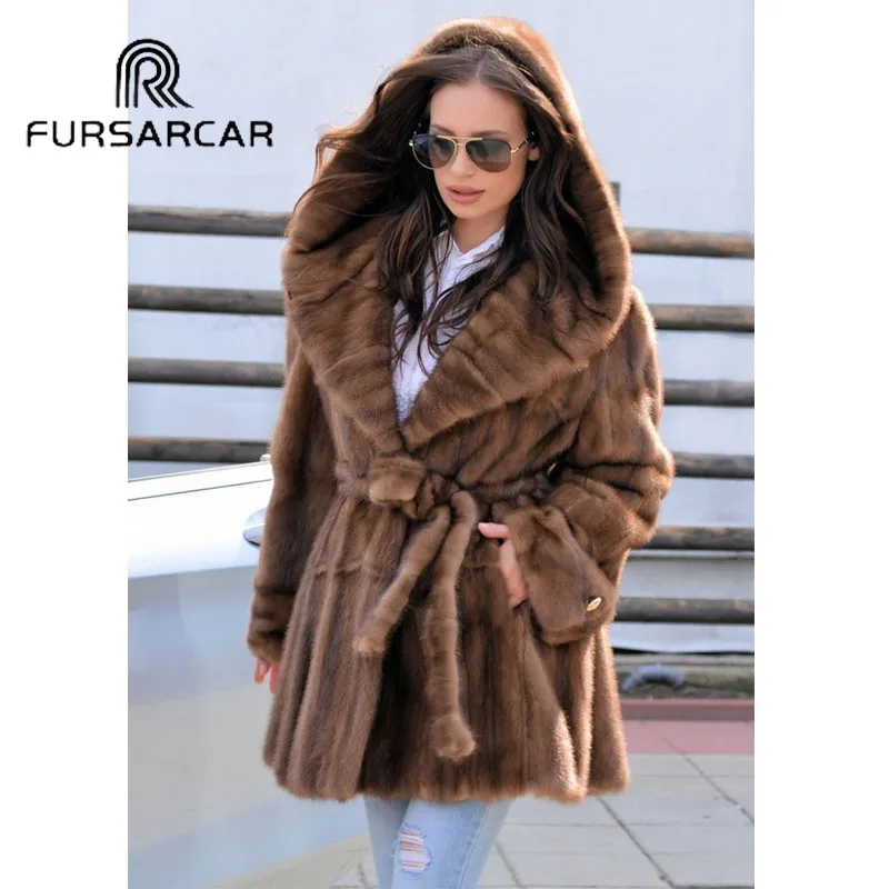 

FURSARCAR 2018 New Arrival Luxury Natural Mink Fur Coats For Women With Big Fur Hood High Street Genuine Mink Fur Female Coat