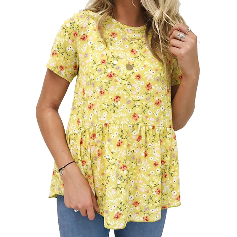 

2019 Fashion Summer Spring Women Shirts Floral Printed T-Shirts Loose Causal Chic Short Sleeve Boho Shirts Plus Size Tops M0485