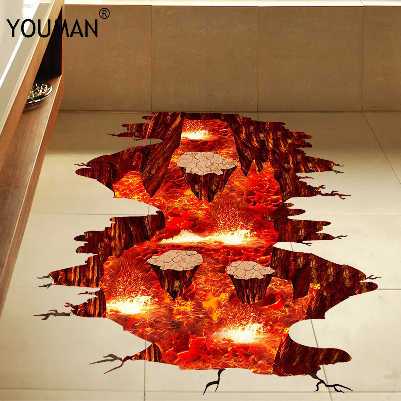 

Wallpapers Youman 3D PVC Wall Floor Stickers Ground Cracks Hole 3D Volcanic Magma Kids Rooms Decor Poster DIY Bathroom Creative