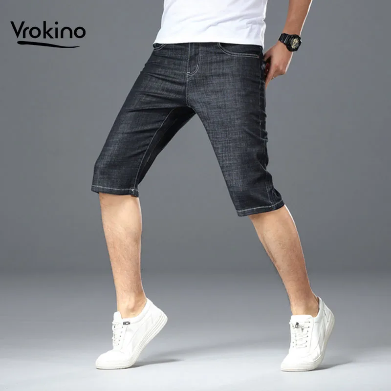 VROKINO, Новинка лета, мужские джинсовые шорты, модные повседневные хлопковые Стрейчевые тонкие шорты, цвет черный, синий, светло-синий, 38, 40, 42, 44
