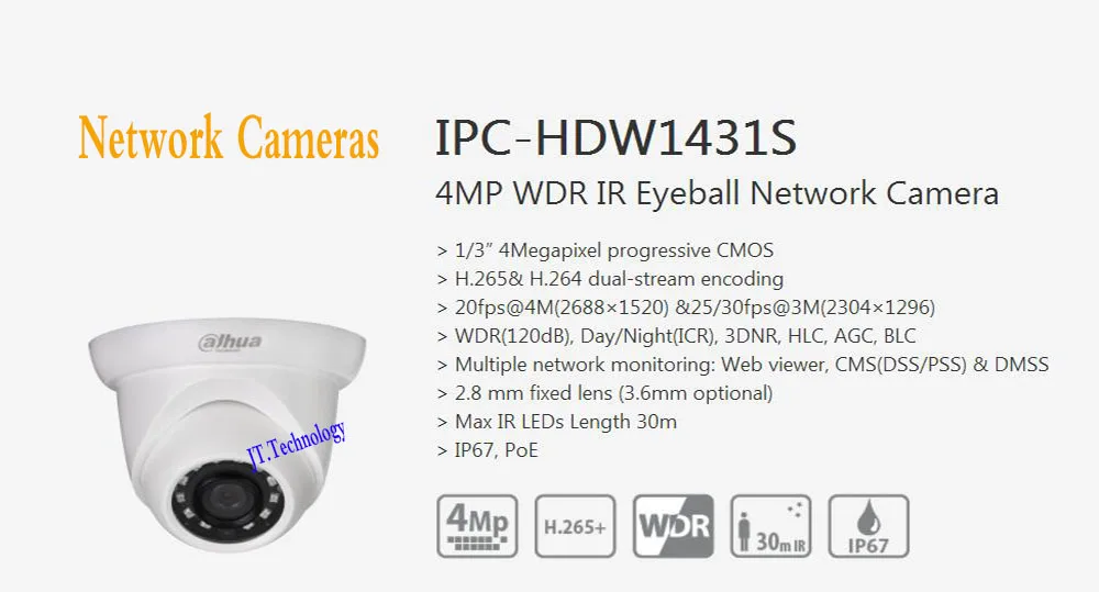 

In Stock Free Shipping DAHUA Security IP Camera 4M WDR IR Eyeball Network Camera With POE IP67 With Logo DH-IPC-HDW1431S