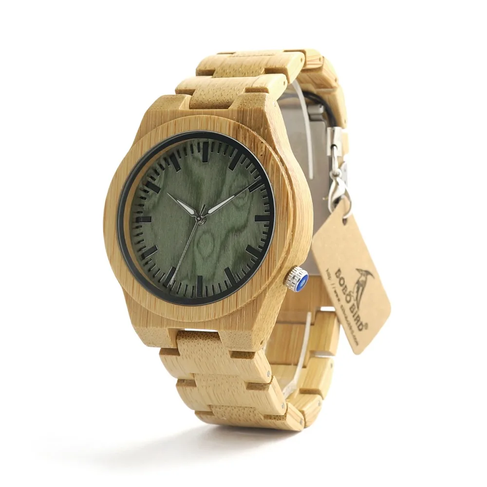 Bobobird B22 Mens Top Brand Design Green Wood Dial Full Bamboo Wooden Quartz Watches Japan 2035 Miyota Movement
