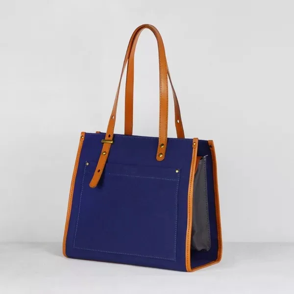 

Japan Style Unique Creative REQ Packs Designer OL Women Canvas Dark Blue Handbag Genuine Leather Top Handle Black Shoulder Bag