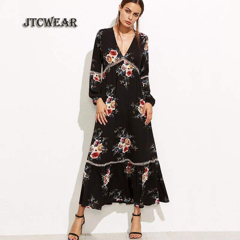 JTCWEAR Vintage V Neck Black Dress Long Sleeve Floral Print Autumn Spring Woman Party Club Casual Loose Maxi Dress 354 long-floral-maxi : image JTCWEAR Vintage V Neck Black Dress Long Sleeve Floral Print Autumn Spring Woman Party Club Casual Loose Maxi Dress 354 long-floral-maxi