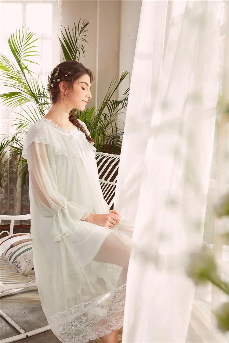 Night Dress Long Sleeve Mesh Modal Nightgown