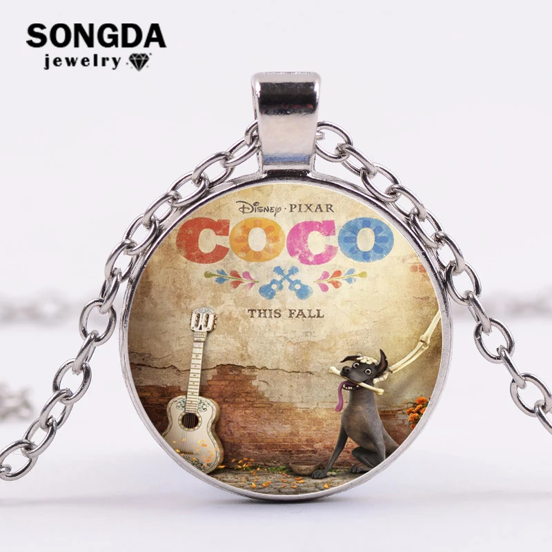 

SONGDA Movie Coco Music Dreamer Statement Necklace White Guitar and Dog Anime Poster Glass Cabochon Necklace Special Souvenirs