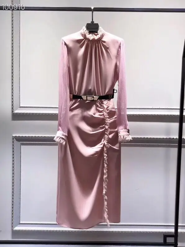 Новое поступление, Осеннее модное облегающее платье, женское кружевное Плиссированное сексуальное платье до середины икры с оборками и воротником в стиле пэчворк, розовое черное платье