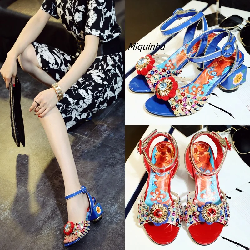 

Irresistible Glittering Sequins Flowers Crystal Stick Heels Fashion Buckle Open Toe Hand Painted Heel Shoes Retro Dress Sandals