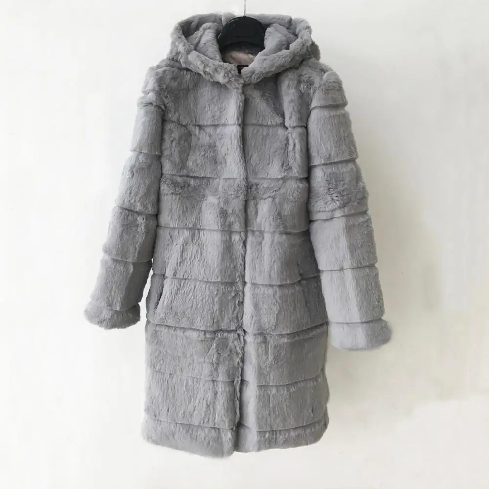 

Factory Plus Size Customize Pure Natural Rabbit Fur With Striped Cut Outwear Women Winter Real Fur Long Coat tsr674
