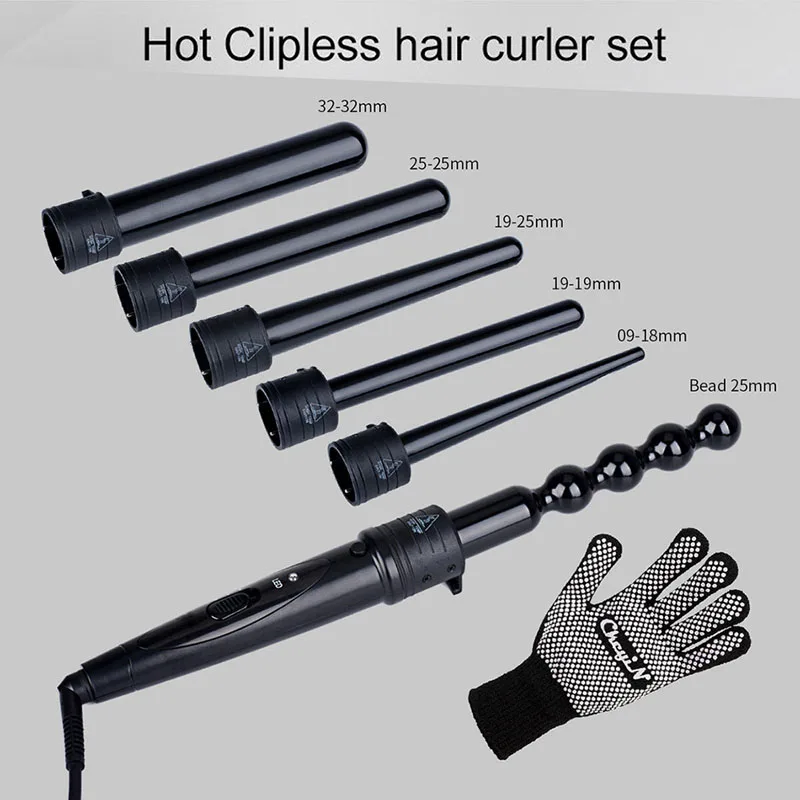 

Ceramic Curling Wand Hair Curler Set Electric Gourd Clipless Magic Curling Iron Interchangeable 6 Parts 9MM/18MM/25MM/32MM S34