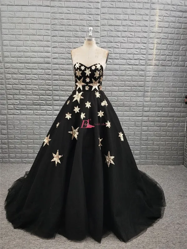 

Modest 2019 Black Evening Dress With Gold Star Tulle A Line Sweetheart Girls Prom Dresses Long Party Gowns Vestido de fiesta