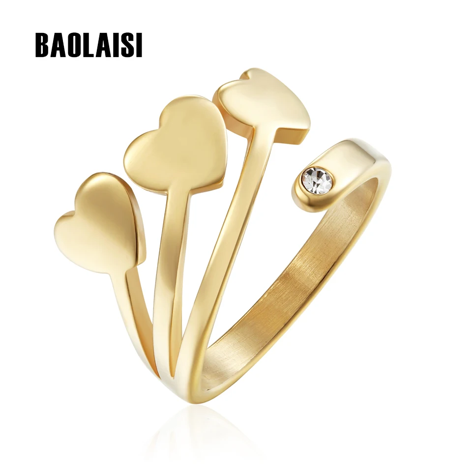 

BAOLAISI Simple Style Three Love Heart Crystal Rings For Women Wedding Band Ring Jewelry Fashion Party Gift Ring Gold Color