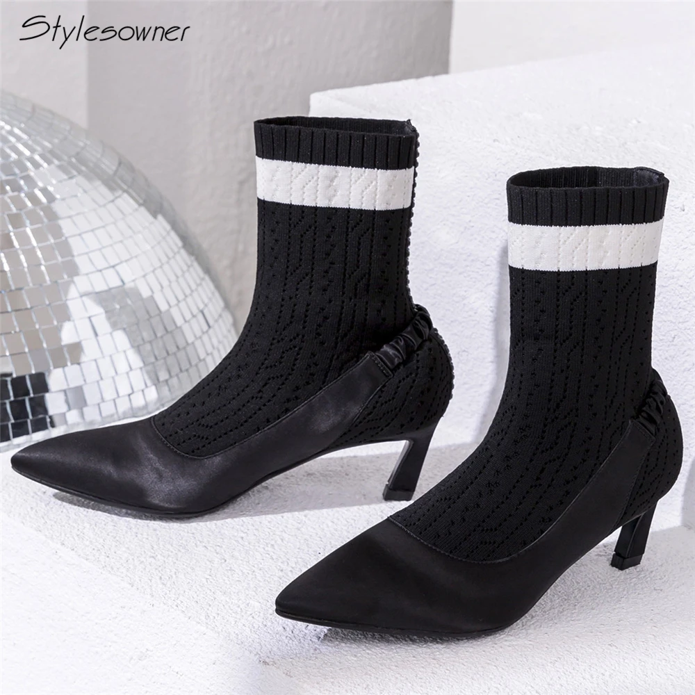 

Stylesowner Elastic Band Silk Pointed Toe Ankle Boots Kitten Heels Crystal Short Botas Mujer Patchwork Wool Knitting Sock Boots