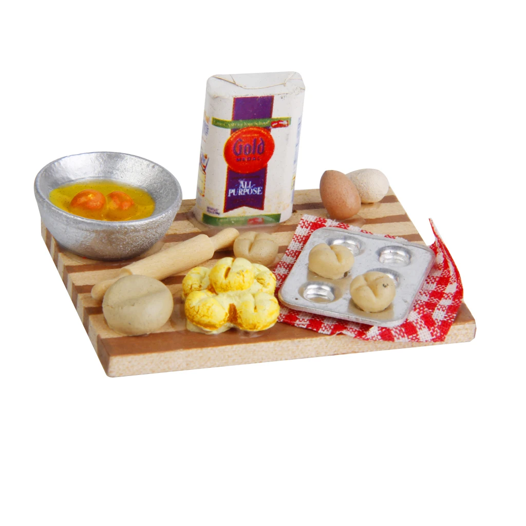 Colorful 1 Set 1/12 Dollhouse Miniature Kitchen Food Eggs Milk Bread on Board for Kids Role Play Game Tableware Cookware