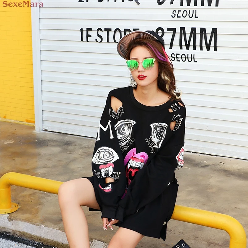  SexeMara Lips cut holes pinned loose long sleeves woman Sweatshirts Free shipping