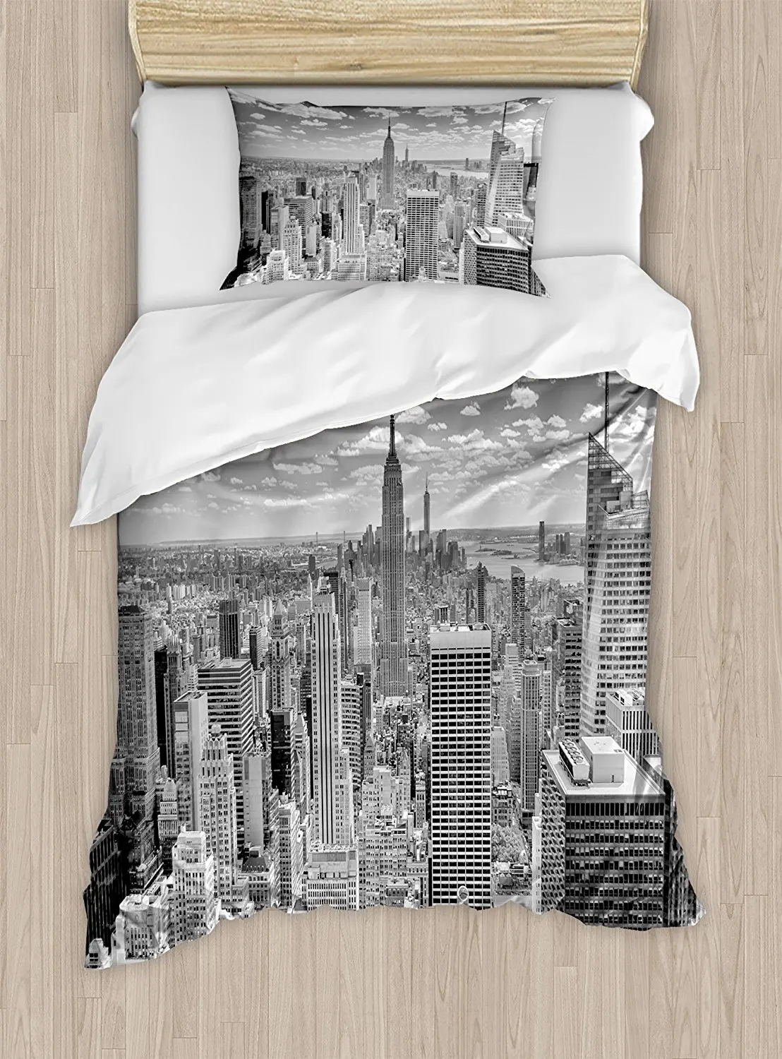 

New York Duvet Cover Set NYC over Manhattan from Top of Skyscrapers Urban Global Culture Artful City Panorama 4 Pcs Bedding Set