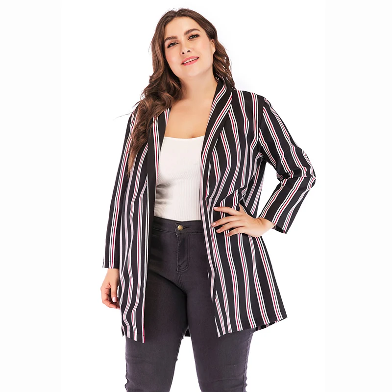 

Spring Women Plus Size Jackets Chiffon Suit Jacket Stripes Long Sleeve Slim Suit Button Large Size Women Basic Jackets 5XL