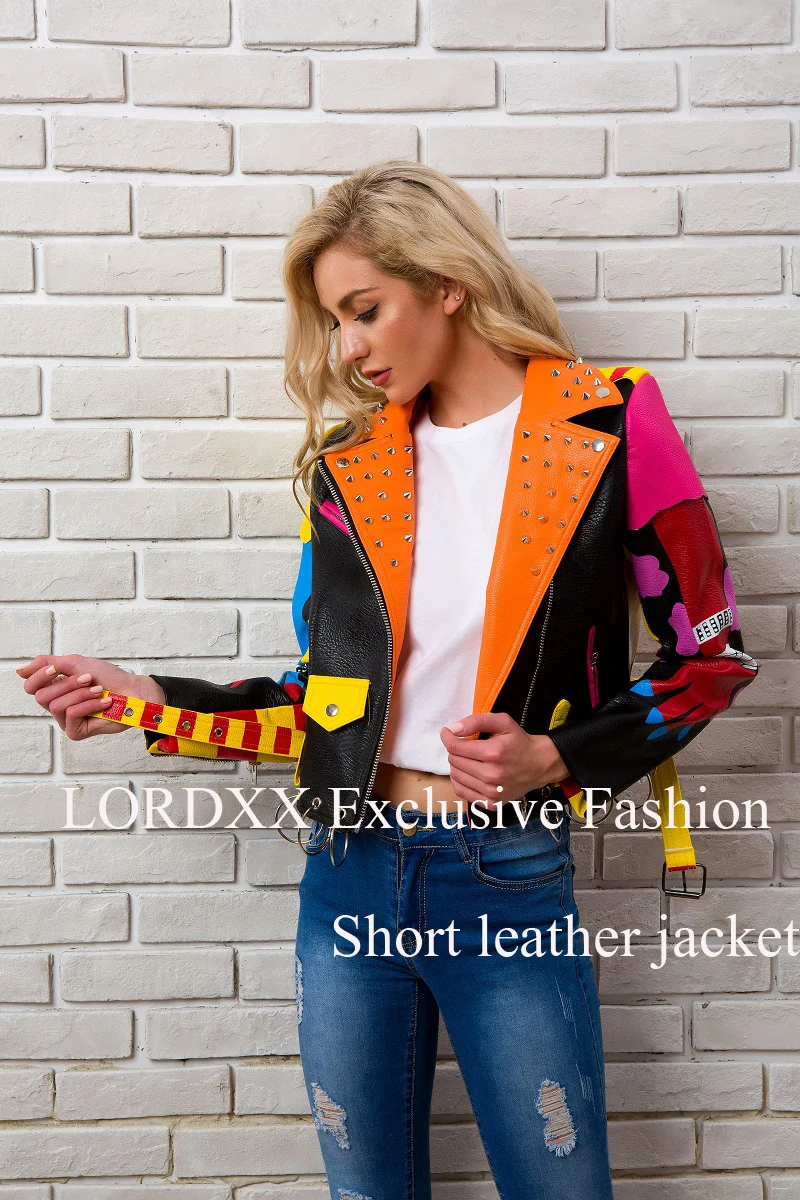 LORDXX новая весенняя женская одежда для заклепок тяжелый принт NEVEDA уличная Короткая кожаная куртка на молнии тонкая мотоциклетная куртка Топ