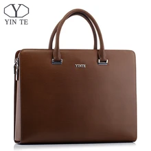 YINTE Fashion Men’s Briefcase Leather Men Handbag Business Messenger Brown Color 14inch Laptop Men Totes Portfolio T8652-5